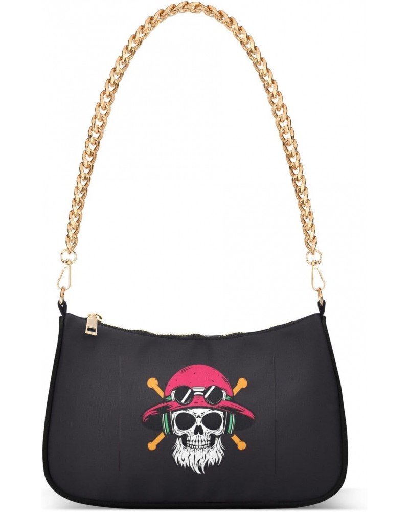 Pirate Skull Head Clutch Shoulder Bag for Women, Hobo Tote Handbag with Gold Chain, Crossbody Bag with Zipper Closure $12.60 ...