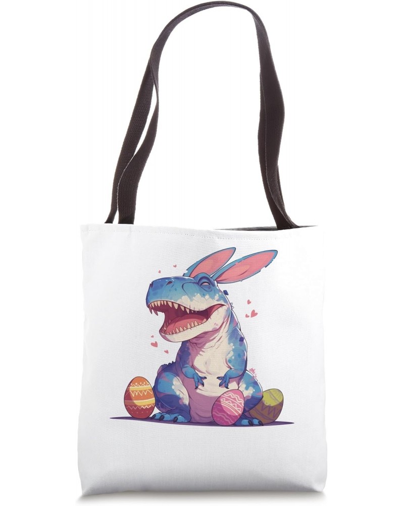 Colorful Easter Eggs Hunt 2024 Trex With Bunny Ears Dinosaur Tote Bag $10.80 Totes