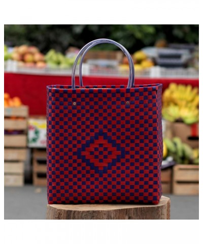 Handmade Tote Bag Red Blue Recycled Plastic Patterned Colombia 'Crafts Fair' $39.12 Totes