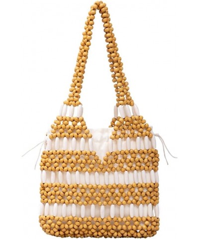 Women Girls Retro Wood Beaded Handbag Ladies Natural Handmade Drawstring Bucket Shoulder Bags Party Beach Vacation Tote Purse...