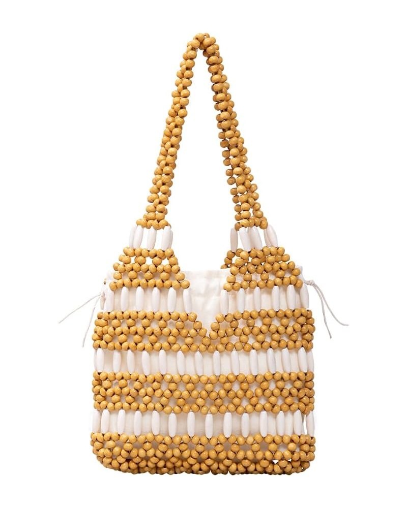 Women Girls Retro Wood Beaded Handbag Ladies Natural Handmade Drawstring Bucket Shoulder Bags Party Beach Vacation Tote Purse...