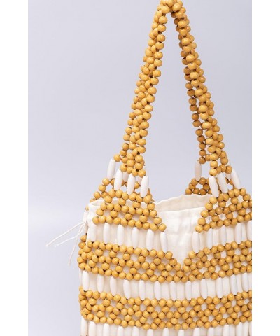 Women Girls Retro Wood Beaded Handbag Ladies Natural Handmade Drawstring Bucket Shoulder Bags Party Beach Vacation Tote Purse...