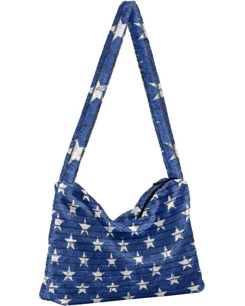 4th of July Women Boho Handbag American Flag Stars White Navy Underarm Bag Tote Bag Shoulder Bag Crossbody Bag Fluffy Cell Ph...