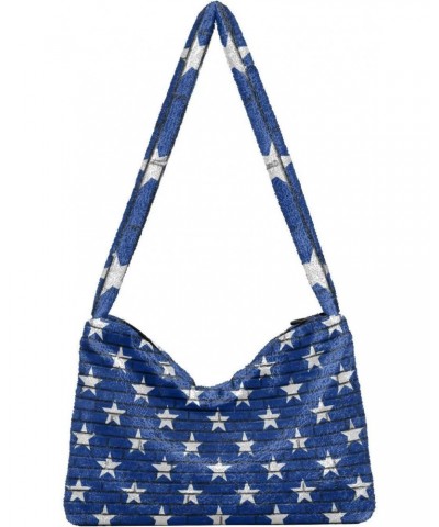 4th of July Women Boho Handbag American Flag Stars White Navy Underarm Bag Tote Bag Shoulder Bag Crossbody Bag Fluffy Cell Ph...