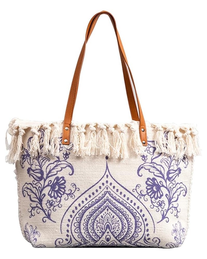 Women Ethnic Style Tote Bag Retro Canvas Shoulder Bag Casual Handbag with Tassels Bohemian Hobo Bag Multicolor C $34.72 Totes