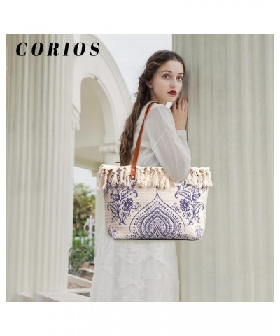 Women Ethnic Style Tote Bag Retro Canvas Shoulder Bag Casual Handbag with Tassels Bohemian Hobo Bag Multicolor C $34.72 Totes