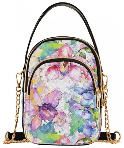 Chain Crossbody Bags for Women Wildflower Colorful Orchid Quilted Shoulder Crossbody Handbags Travel Cross Body Cell Phone Pu...