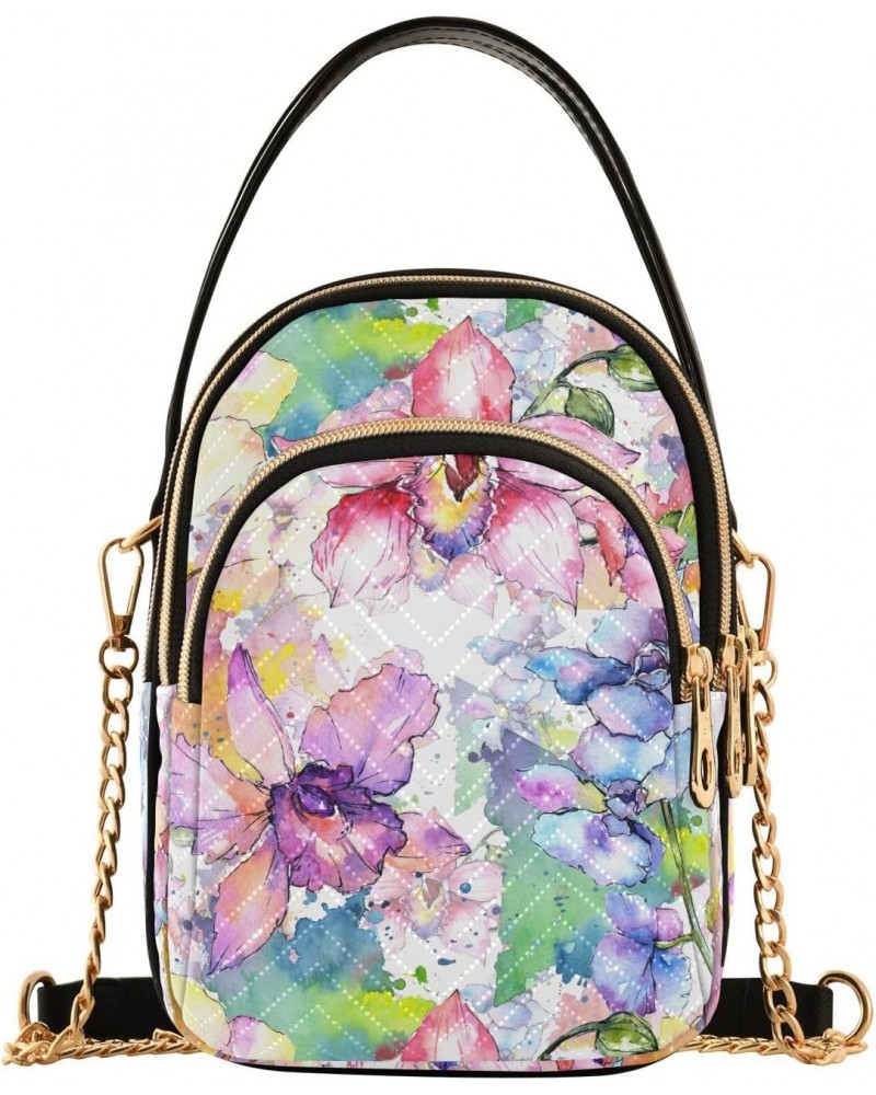 Chain Crossbody Bags for Women Wildflower Colorful Orchid Quilted Shoulder Crossbody Handbags Travel Cross Body Cell Phone Pu...