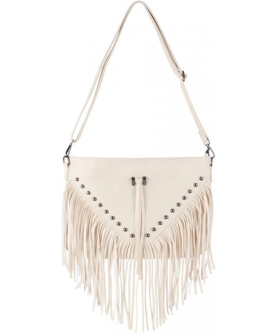 Faux Leather Fringe Hobo Bag Tassel Studed Cross Body Bag Shoulder Bag Cowgirl Purse 6802 Beige $19.94 Shoulder Bags