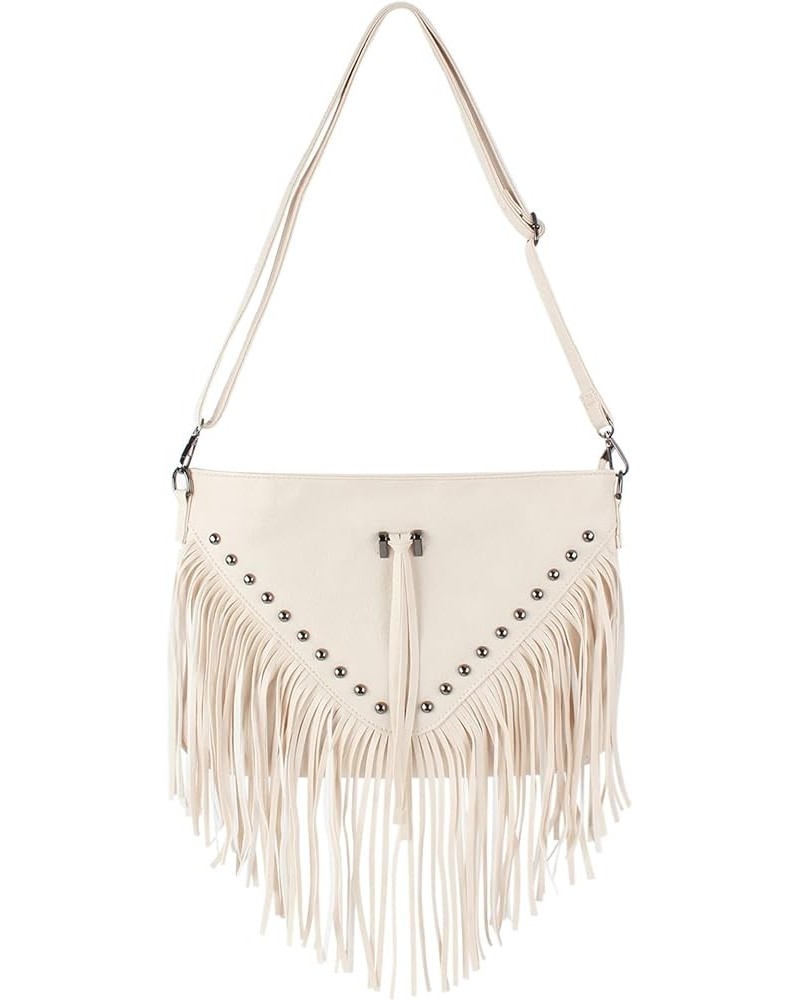 Faux Leather Fringe Hobo Bag Tassel Studed Cross Body Bag Shoulder Bag Cowgirl Purse 6802 Beige $19.94 Shoulder Bags