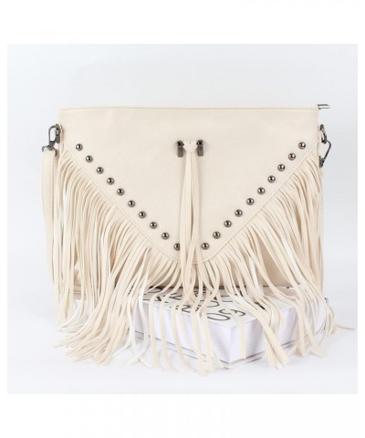 Faux Leather Fringe Hobo Bag Tassel Studed Cross Body Bag Shoulder Bag Cowgirl Purse 6802 Beige $19.94 Shoulder Bags