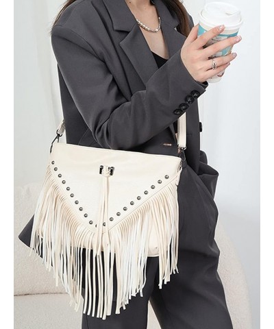 Faux Leather Fringe Hobo Bag Tassel Studed Cross Body Bag Shoulder Bag Cowgirl Purse 6802 Beige $19.94 Shoulder Bags