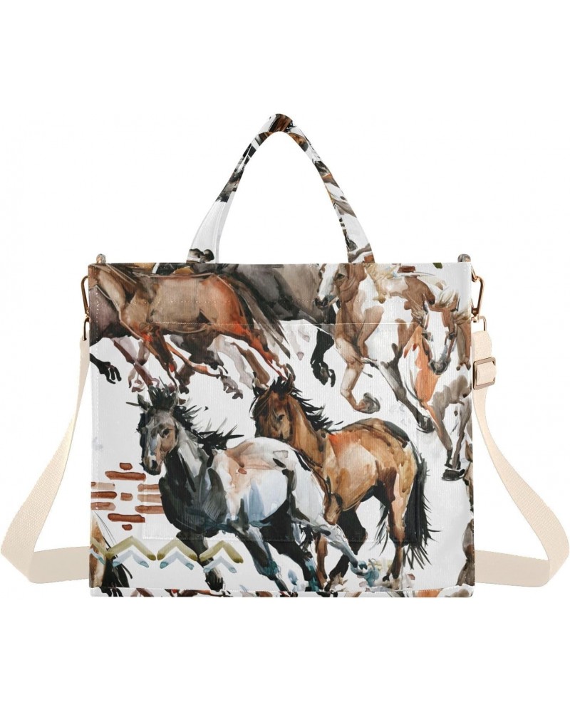 Horse Run Corduroy Tote Bag Cross Body Bag for Women Casual with Magnetic Clasp $17.59 Totes