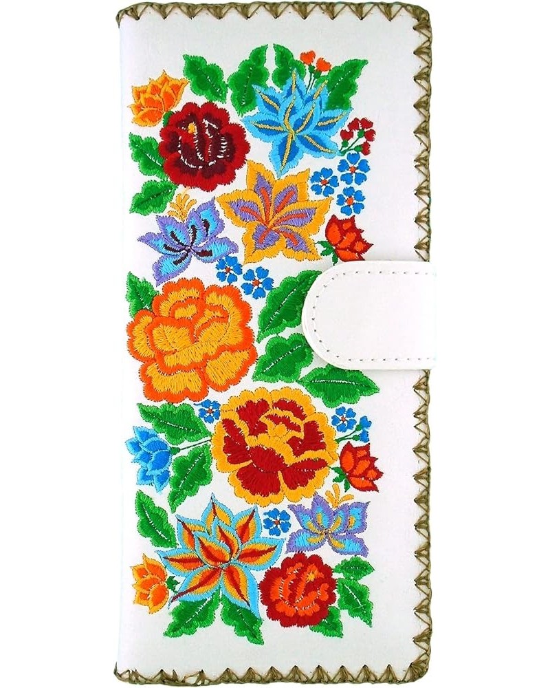 Beautiful Mexican Flower cinco flower Embroidered Flat Large Wallet (Green) White $26.22 Wallets