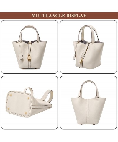 Genuine Leather Small Bucket Bag for Women Stylish Lock Design Satchel Purses Handbags Daily Casual Soft Shoulder Bag Ivory $...