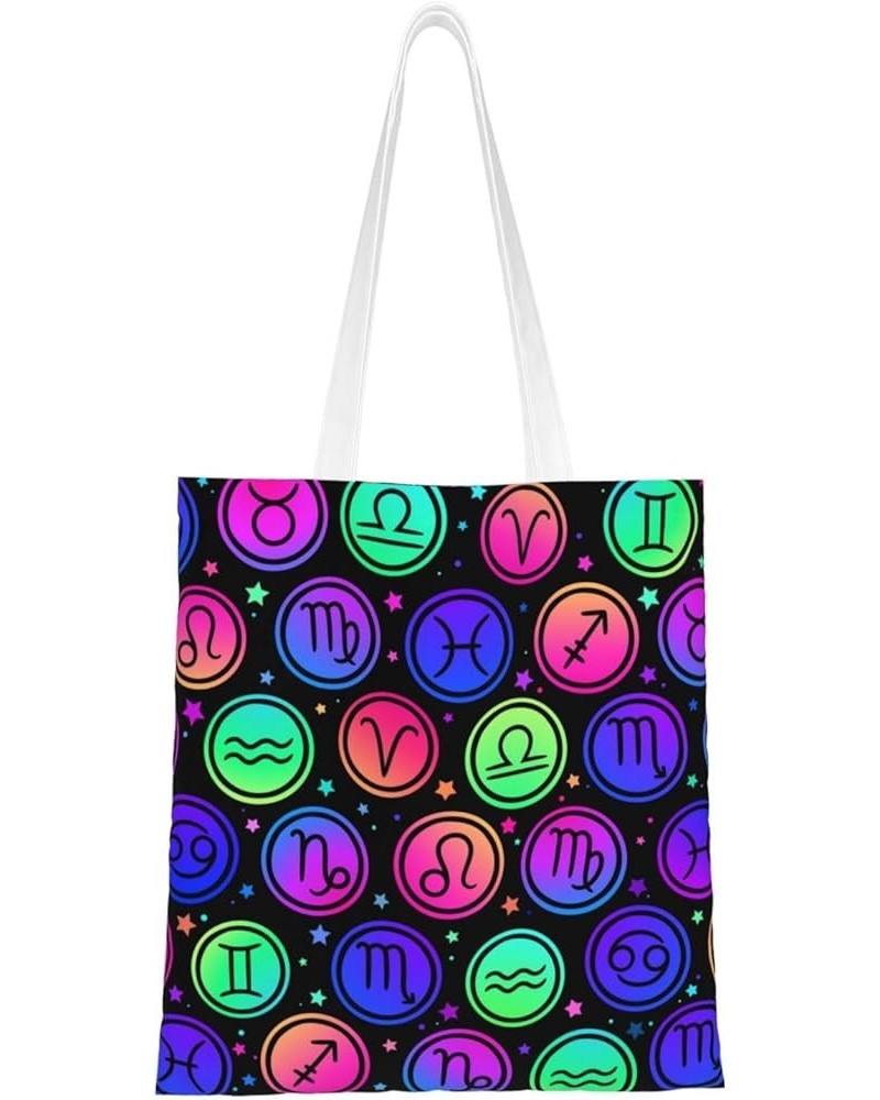 Rainbow Handprint Single Shoulder Fashion Canvas Tote Shopping Bags Handbags For Men And Women Zodiac Icon Circle $11.52 Totes