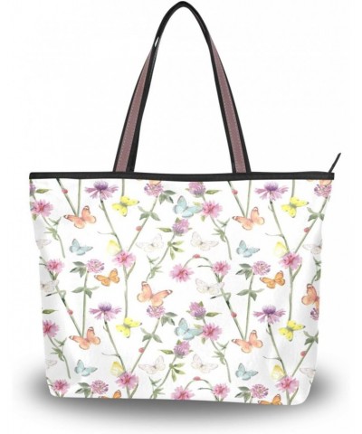 Womens Tote Bag, Meadow Flowers and Flying Butterflies Ladies Zip Shoulder Handbags $10.80 Shoulder Bags