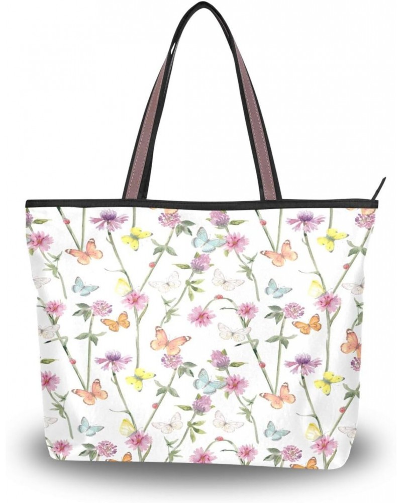 Womens Tote Bag, Meadow Flowers and Flying Butterflies Ladies Zip Shoulder Handbags $10.80 Shoulder Bags