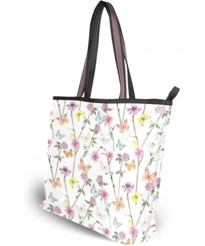 Womens Tote Bag, Meadow Flowers and Flying Butterflies Ladies Zip Shoulder Handbags $10.80 Shoulder Bags