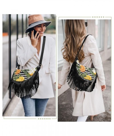 Lemon Flower Leave Stripe Tassel Crossbody Handbags for Women Ample Capacity Shoulder Bag with Adjustable Strap Durable Trave...