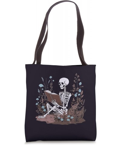 Bookish Cottagecore Aesthetic Floral Skeleton Book Lover Tote Bag $10.80 Totes