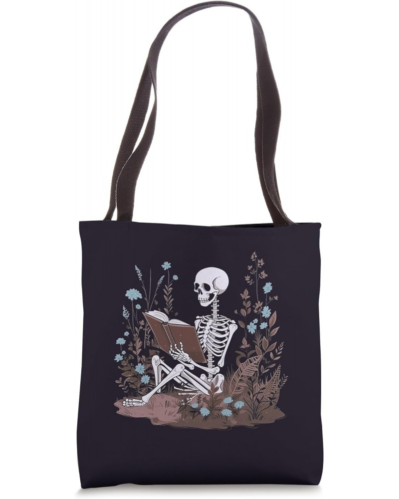 Bookish Cottagecore Aesthetic Floral Skeleton Book Lover Tote Bag $10.80 Totes