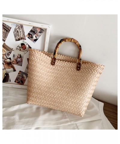 Women's Large Straw Tote Summer Beach Bag with Bamboo Handle Rattan Woven Casual Handbag Beige $21.65 Totes