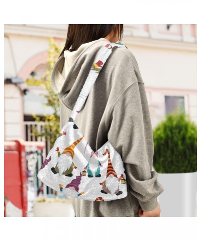 Christmas Gnomes Furry Tote Bag for Women Crossbody Bag Shoulder Purses Puffer Bag with Zipper for Travel $12.59 Totes