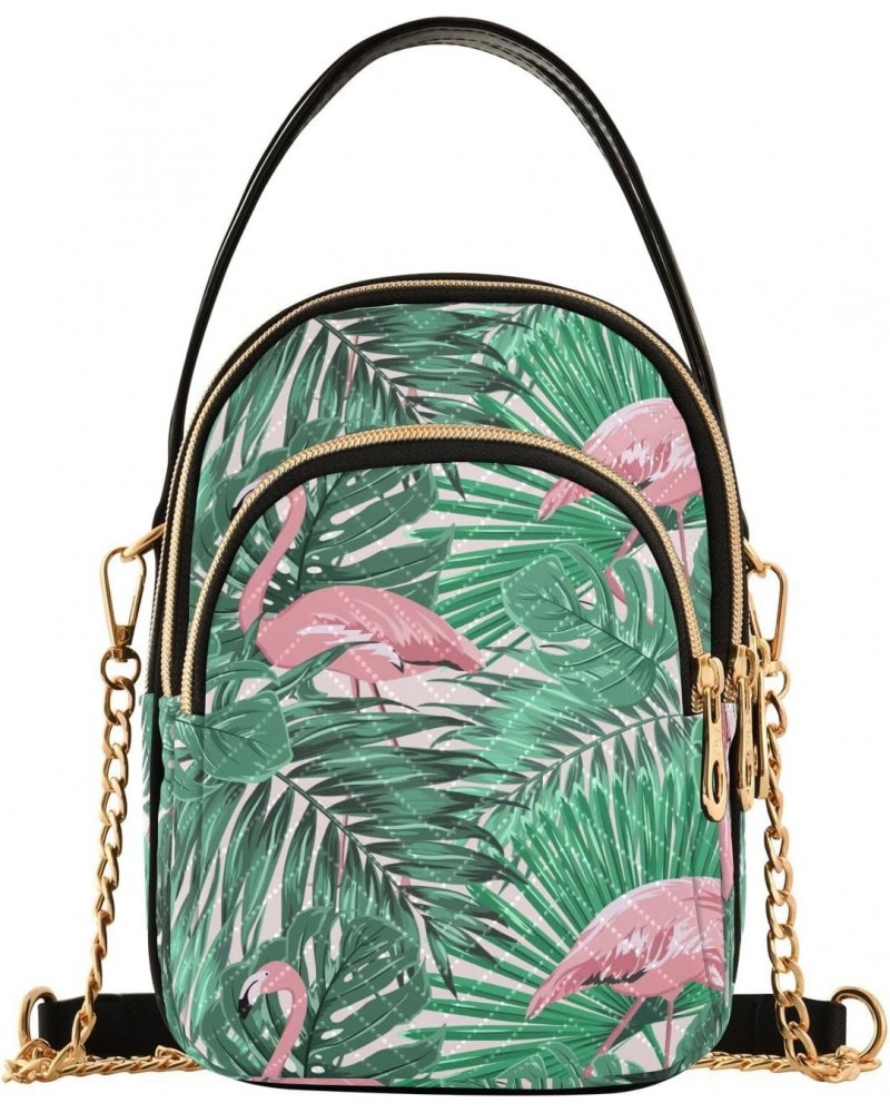 Tropical Pink Flamingo Small Crossbody Handbag for Women Mini Over Shoulder Purse with Three Zippered Pockets Durable Holder ...