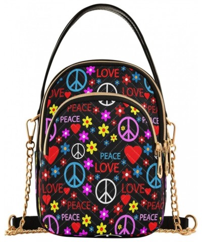 Hippie Peace Sign on Black Small Chain Crossbody Travel Bag Handbag Cell Phone Purse for Women $11.88 Crossbody Bags