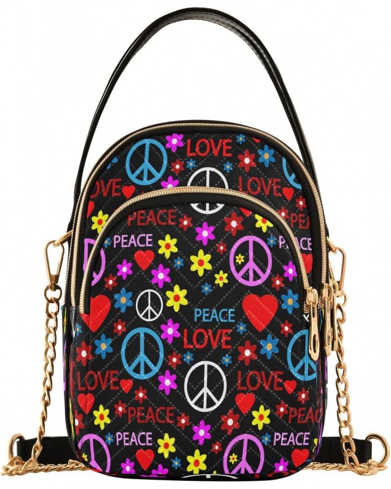 Hippie Peace Sign on Black Small Chain Crossbody Travel Bag Handbag Cell Phone Purse for Women $11.88 Crossbody Bags