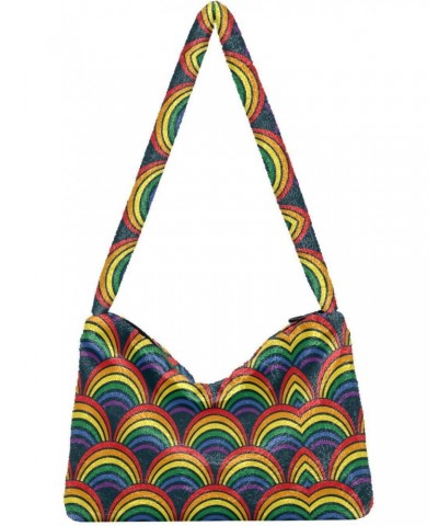 Geometric Rainbow Waves Fluffy Tote Bag Crossbody Bags Handbag Purse Shoulder Bag for Women Work Gift with Zipper $8.82 Totes