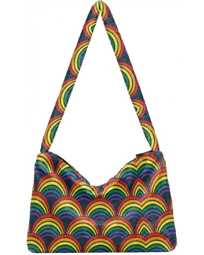 Geometric Rainbow Waves Fluffy Tote Bag Crossbody Bags Handbag Purse Shoulder Bag for Women Work Gift with Zipper $8.82 Totes