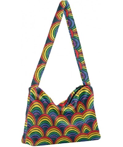 Geometric Rainbow Waves Fluffy Tote Bag Crossbody Bags Handbag Purse Shoulder Bag for Women Work Gift with Zipper $8.82 Totes