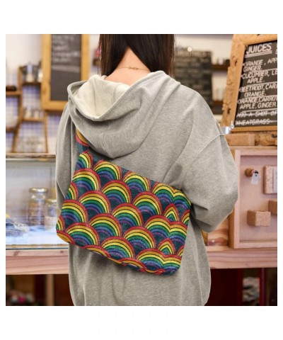 Geometric Rainbow Waves Fluffy Tote Bag Crossbody Bags Handbag Purse Shoulder Bag for Women Work Gift with Zipper $8.82 Totes