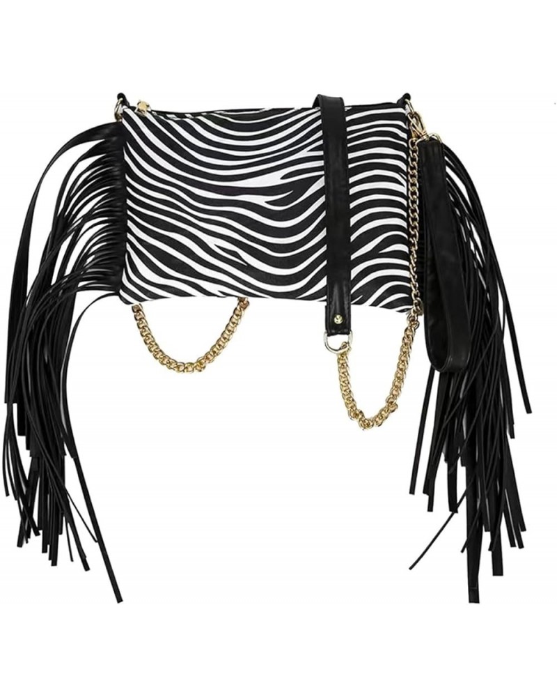 Women Printing Evening Handbag Fringed Shoulder Bag Tassels Envelope Clutch Purse A-zebra $13.80 Evening Bags