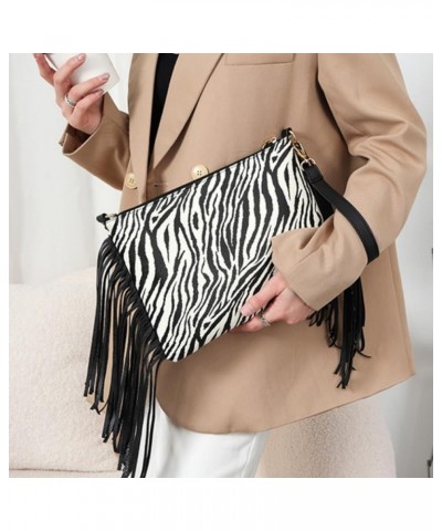 Women Printing Evening Handbag Fringed Shoulder Bag Tassels Envelope Clutch Purse A-zebra $13.80 Evening Bags