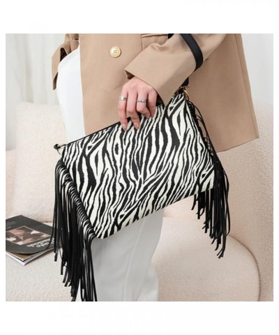 Women Printing Evening Handbag Fringed Shoulder Bag Tassels Envelope Clutch Purse A-zebra $13.80 Evening Bags