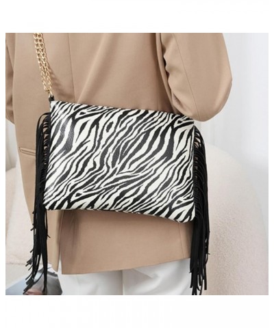 Women Printing Evening Handbag Fringed Shoulder Bag Tassels Envelope Clutch Purse A-zebra $13.80 Evening Bags