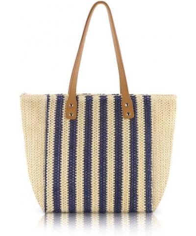 Women Summer Soft Straw Beach Stripe Bag Handwoven Big Tote Bag with Leather Shoulder Strap Handbag Shoulder Bag (Beige&Blue)...