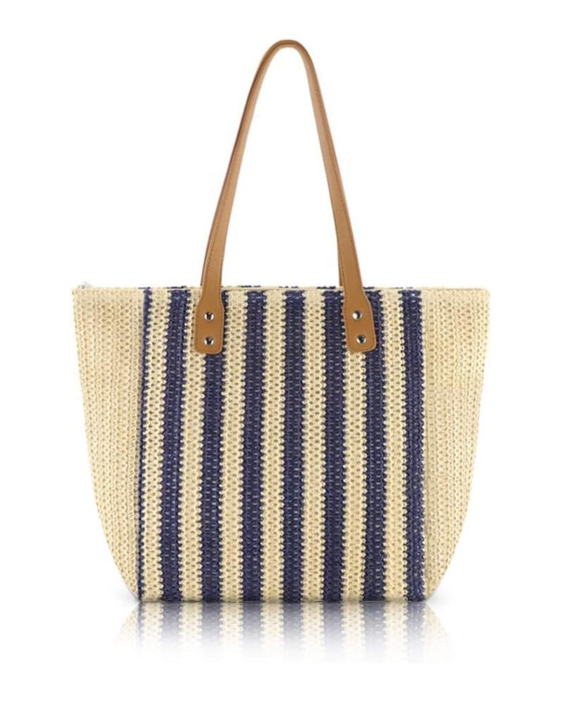 Women Summer Soft Straw Beach Stripe Bag Handwoven Big Tote Bag with Leather Shoulder Strap Handbag Shoulder Bag (Beige&Blue)...