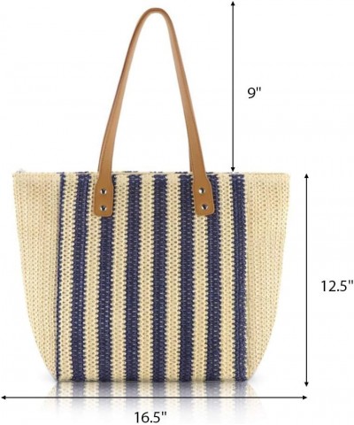 Women Summer Soft Straw Beach Stripe Bag Handwoven Big Tote Bag with Leather Shoulder Strap Handbag Shoulder Bag (Beige&Blue)...