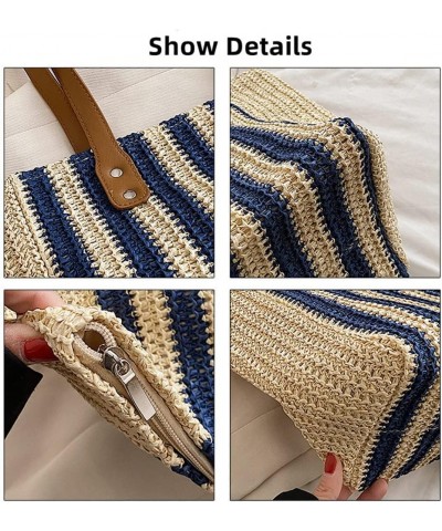 Women Summer Soft Straw Beach Stripe Bag Handwoven Big Tote Bag with Leather Shoulder Strap Handbag Shoulder Bag (Beige&Blue)...