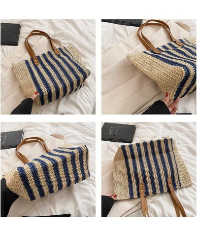 Women Summer Soft Straw Beach Stripe Bag Handwoven Big Tote Bag with Leather Shoulder Strap Handbag Shoulder Bag (Beige&Blue)...