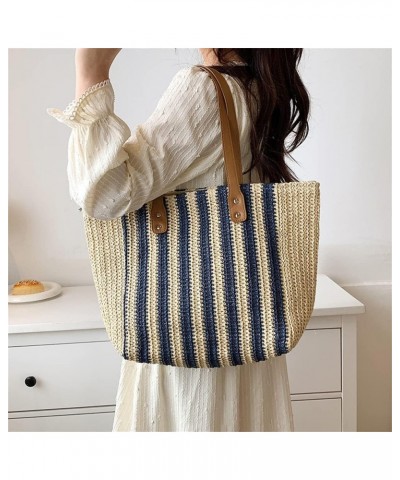 Women Summer Soft Straw Beach Stripe Bag Handwoven Big Tote Bag with Leather Shoulder Strap Handbag Shoulder Bag (Beige&Blue)...