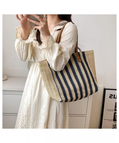 Women Summer Soft Straw Beach Stripe Bag Handwoven Big Tote Bag with Leather Shoulder Strap Handbag Shoulder Bag (Beige&Blue)...