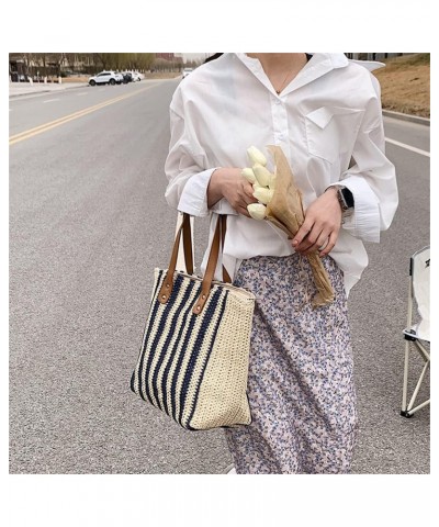 Women Summer Soft Straw Beach Stripe Bag Handwoven Big Tote Bag with Leather Shoulder Strap Handbag Shoulder Bag (Beige&Blue)...