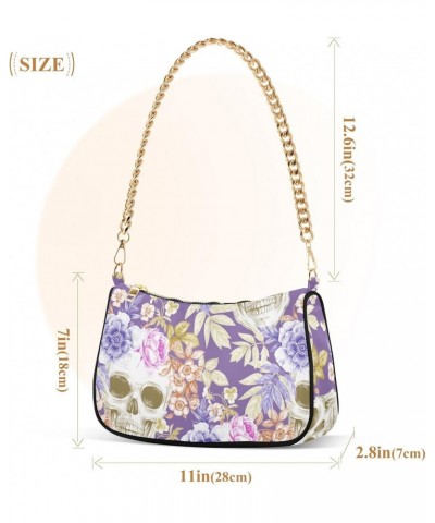 Flowers Skulls Shoulder Bag for Women Clutch Shoulder Purse Chain Bag with Zipper Closure Women's Tote Hobo Handbags Hand Bag...