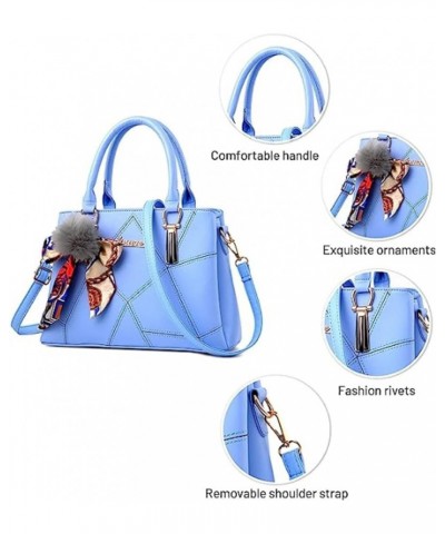 Womens Leather Handbags Purses Top-handle Totes Satchel Shoulder Bag for Ladies With Pompon and Bowknot Navy Blue Light Blue ...