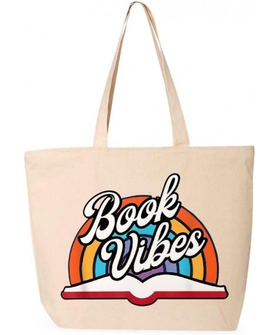 Book Vibes Zippered Tote Bag - Book Inspired Stuff - Book Aesthetic Bag Natural $15.18 Totes